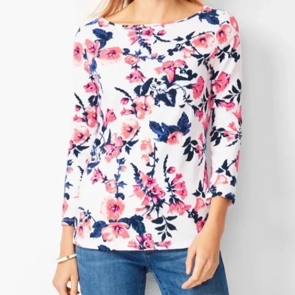 Talbots 3/4 Sleeve Coral & Blue Floral Shirt XLp Extra Large Petite - Picture 2 of 7